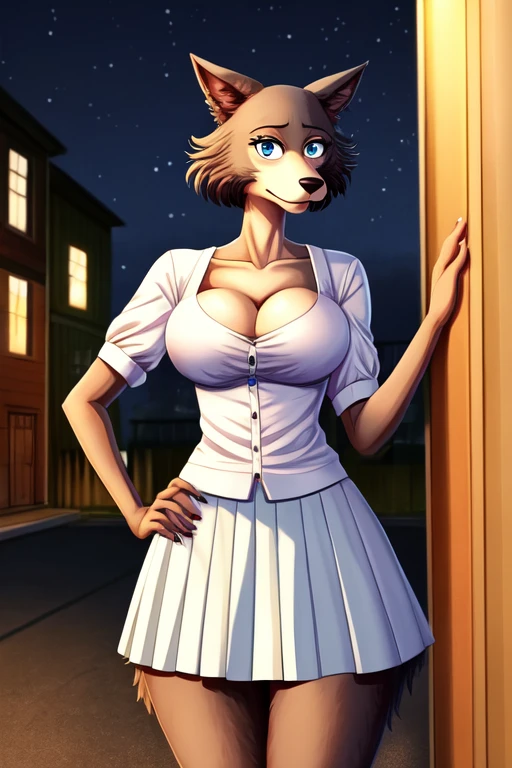 Beastars art style, beastars, Juno, brown wolf, she Wolf, 1girl, furry, long curly brown fur, slim figure, blue eyes, wide hips, Big breasts, White skirt, White top, cleavage, night time, woods