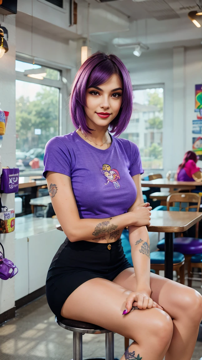 street photography photo of a young woman with purple hair, smile, happy, cute t-shirt, tattoos on her arms, sitting in a 50s diner 