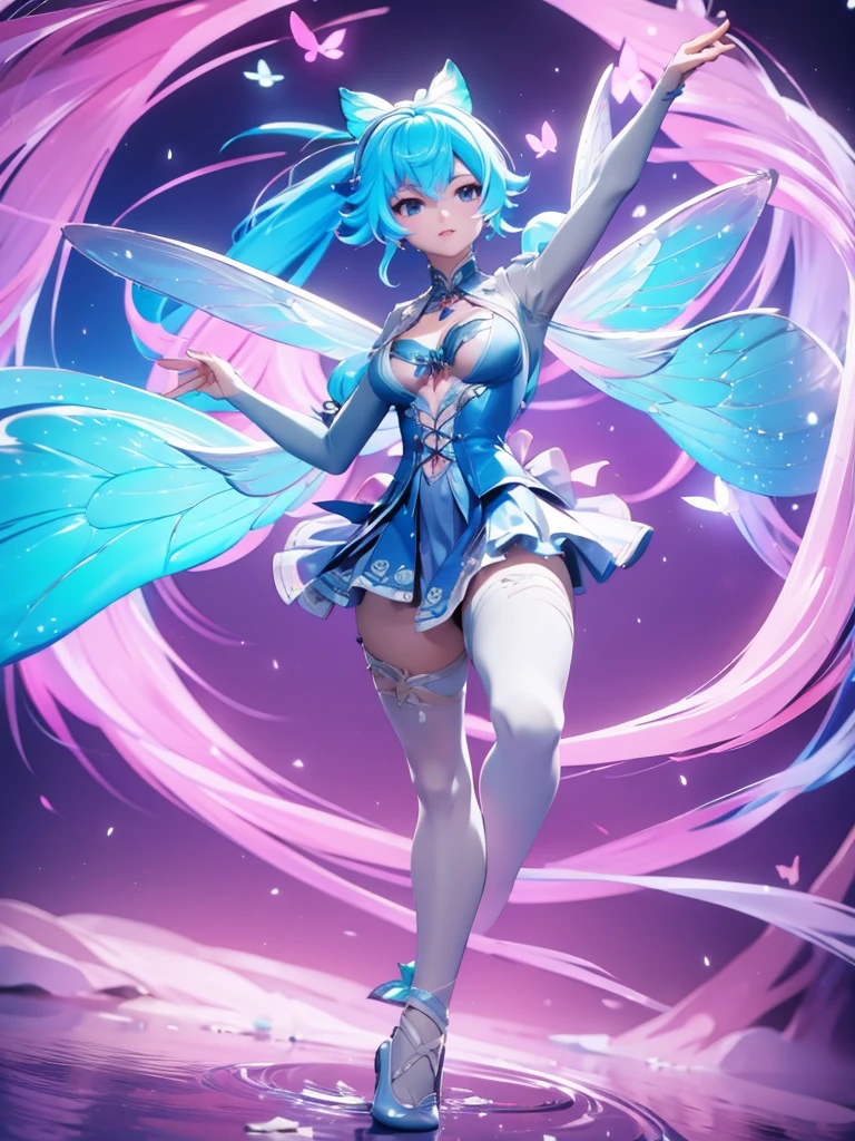 Seizo Watase style, Simple Line Initialism,Abstract art, 3d character, colorful hearts ,(((The most beautiful girl of all time))), (full body 1.2), only girl, long hair, bufferfly and sky background, 25 year old, full body, (((8k))), (((3d)), blue and pink hair, Large butterfly wings on the back, moon, ballet dance, one hand raised above, on leg raised above