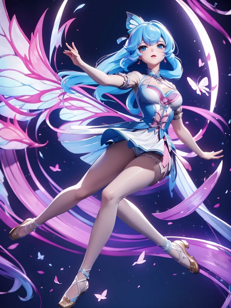 Seizo Watase style, Simple Line Initialism,Abstract art, 3d character, colorful hearts ,(((The most beautiful girl of all time))), (full body 1.2), only girl, long hair, bufferfly and sky background, 25 year old, full body, (((8k))), (((3d)), blue and pink hair, Large butterfly wings on the back, moon, ballet dance, one hand raised above, on leg raised above