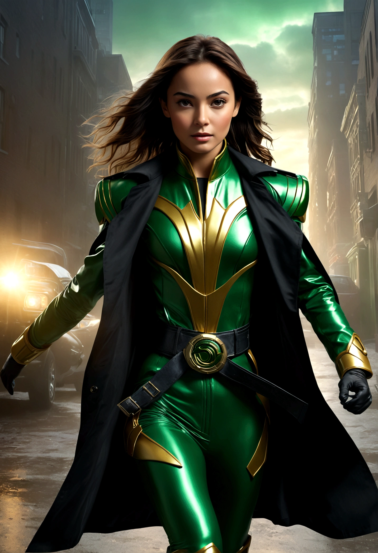 1girl,green power ranger,black trench coat,walking incognito,detailed costume,highly detailed,photorealistic,dynamic pose,dramatic lighting,cinematic composition,(best quality,8k,highres,masterpiece:1.2),ultra-detailed,(realistic,photorealistic,photo-realistic:1.37),dramatic lighting,cinematic composition,moody atmosphere,powerful energy