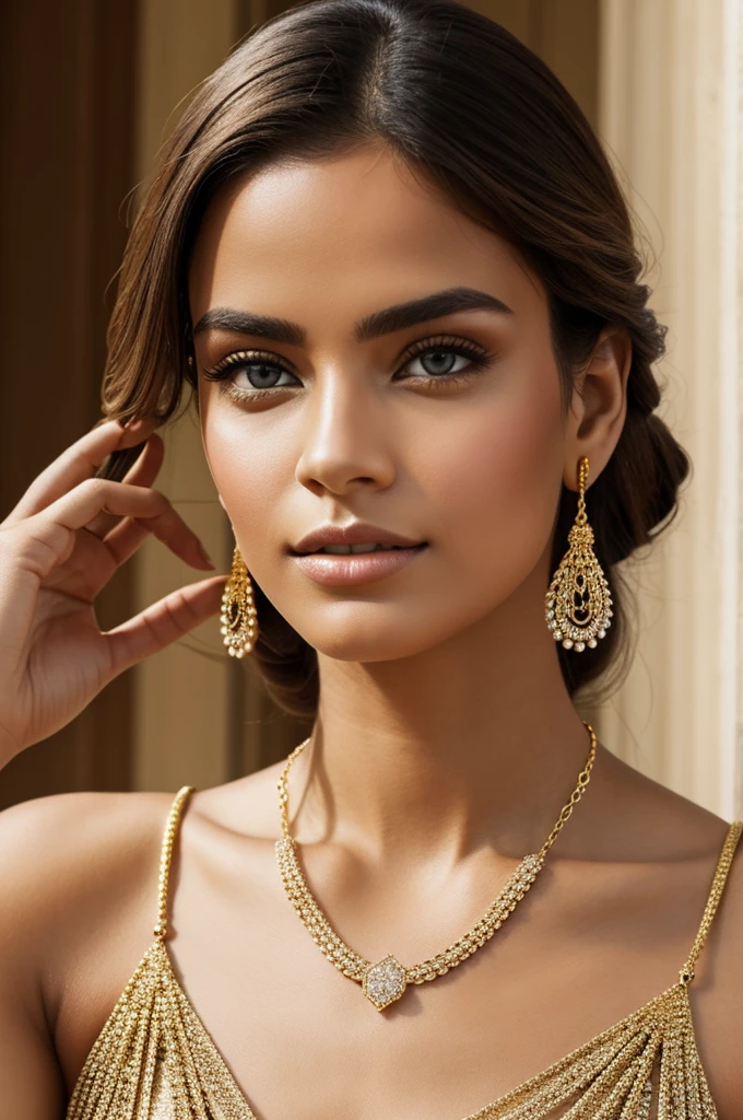 Image of a stunning model wearing gold jewelry