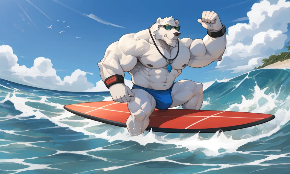 solo, 1boy, Huge Muscular White Polar Bear Dad wearing black sunglasses, huge white fur, pectoral, huge pectoral, wide pectoral, short white hair, blue-colored competitive briefs, black wristbands and shirtless topless, bearded, white Mustache, white fur, tooth necklace, professional surfer, surf board, background, masterpiece, high detailed, 8k, high resolution, at the ocean, surfing the waves, riding the surfboard, gliding on the surfboard, being totally radical, surf's up dudes, showboating