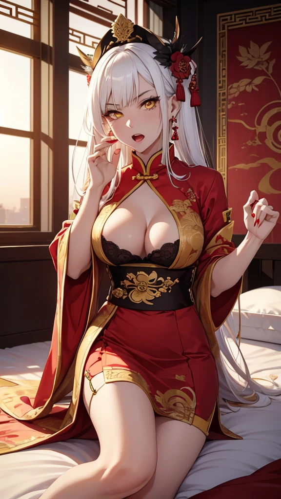 A female empress, white-haired, with yellow eyes, red nails, with notable physical characteristics, mostrando os peitos, legs open showing pussy, with an angry face and a provocative look, with open mouth showing tongue. Wearing traditional Chinese imperial clothing decorated in gold with black details, with red Hanafuda earrings, with a short red skirt. Lying on a white hotel room bed, with a sunset in the window in the background