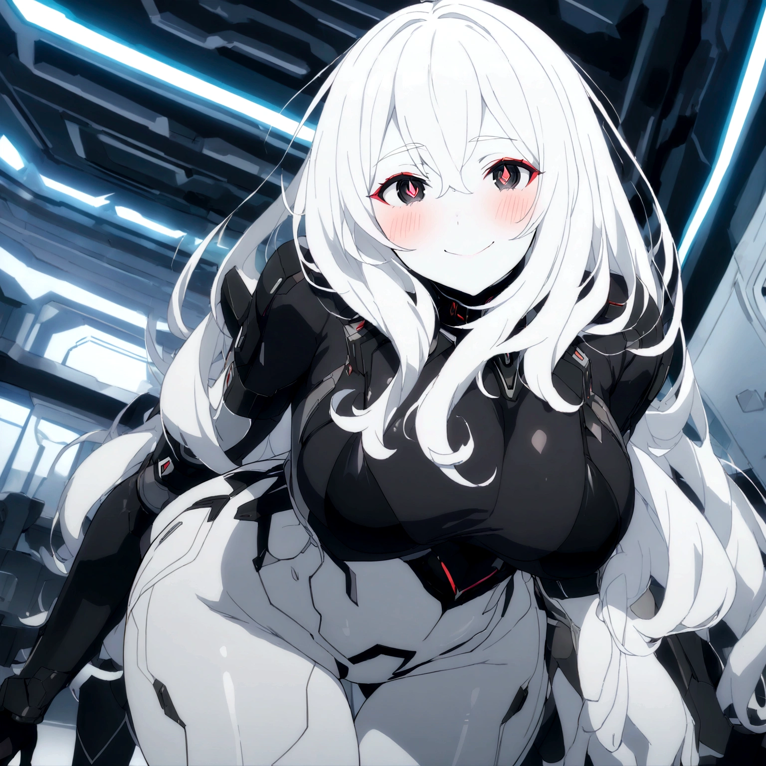 Masterpiece, High quality, High quality of art, anime lineart, 1girl,white hair, black eyes, white eyebrow, red eyeshadow, Tall, black cyber clothers, light gray cyber pants, big hips, big chest, very blush, white hearts in eyes, in future base, looking at viewer, smile, white skin, white hearts in eyes 