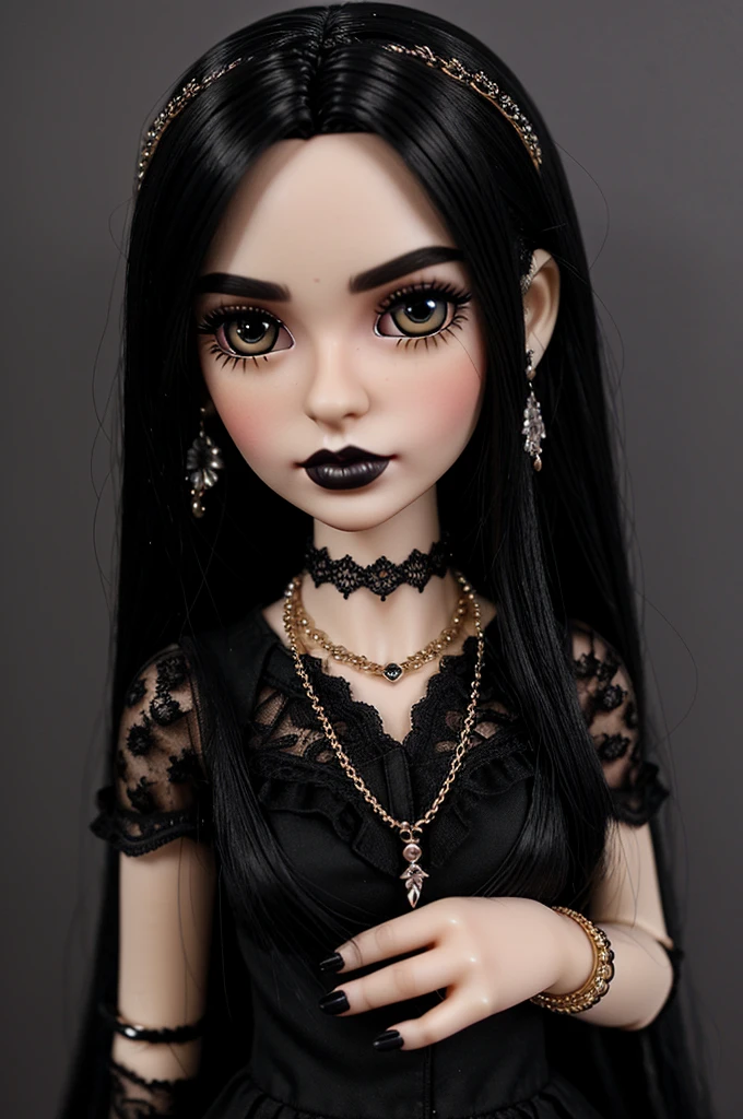 Make a Blythe doll with layered black shoulder-length hair, black makeup and black lipstick, eyebrows and nose piercing, and black lace clothing with extravagant earrings, bracelets, and necklaces.