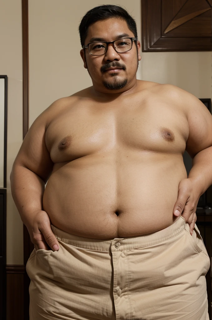 Indonesian guy. ((fat body)) has a beard and a thin mustache. bespectacled. short hair.