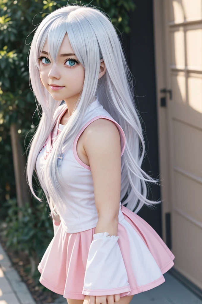 Create the female character My hero Academia:
- White hair is wavy, hair similar to Lillie's from Pokemon
- Pink eyes
- Wears the UA like Nejire Hado
