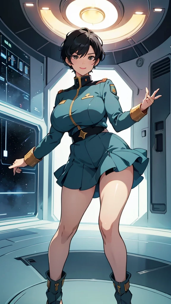 1 girl、Beautiful officer of the Earth Federation Army、short black hair,Idol-level cuteness、Accurately draw faces、Plump body,Huge breasts、Healthy Thigh Skirt Earth Federation Forces、knee height、Inside the space station bridge、anatomically correct、Precise fingers、Photo realism,Sunlight,Smile,Smile