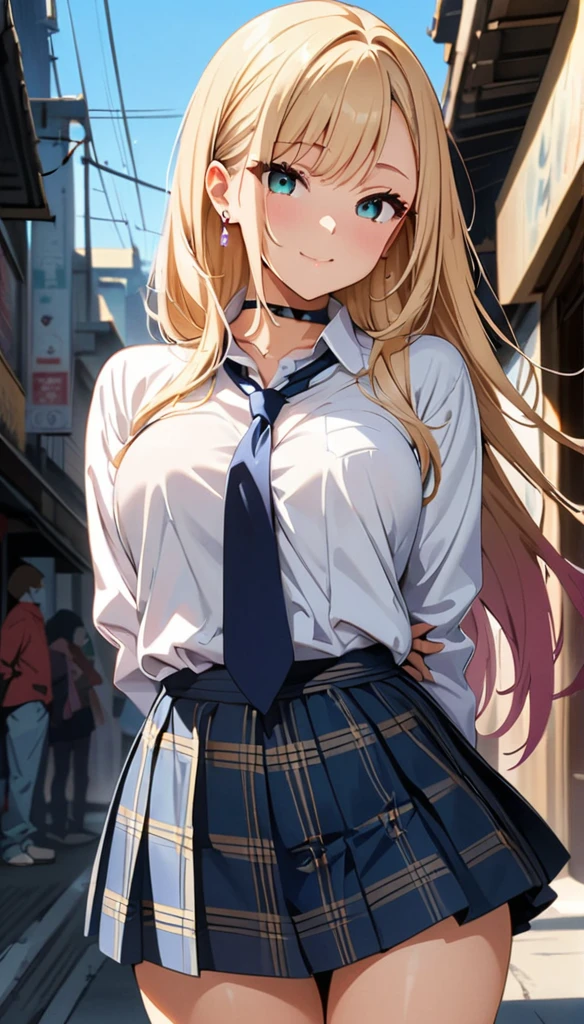 (highest quality:1.2, Anime artwork, Very detailed, High Detail, digital coloring, High Contrast, masterpiece:1.2, highest quality, Best aesthetics), (((kitagawa marin, 1 girl))), Black Hair, Straight long hair, Pink gradient hair, empty eyes, Earrings, White shirt, Black choker, Blue tie, Checked skirt, Pouting, slouch, Are standing, Cowboy Shot, bustling street, lift skirt myself,show me panty