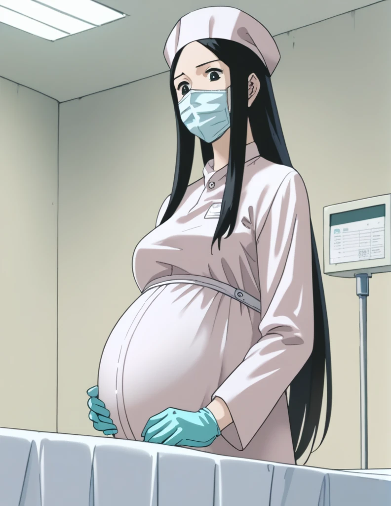score_9, score_8_up, score_7_up, source_anime, kasuganoray, pale skin, shy eyes, long hair, scrubs, surgical mask, surgical cap, long sleeve maternity gown, seamless,
1girl, pregnant, solo, rubber gloves, looking down, furrowed brow, hospital bed, standing