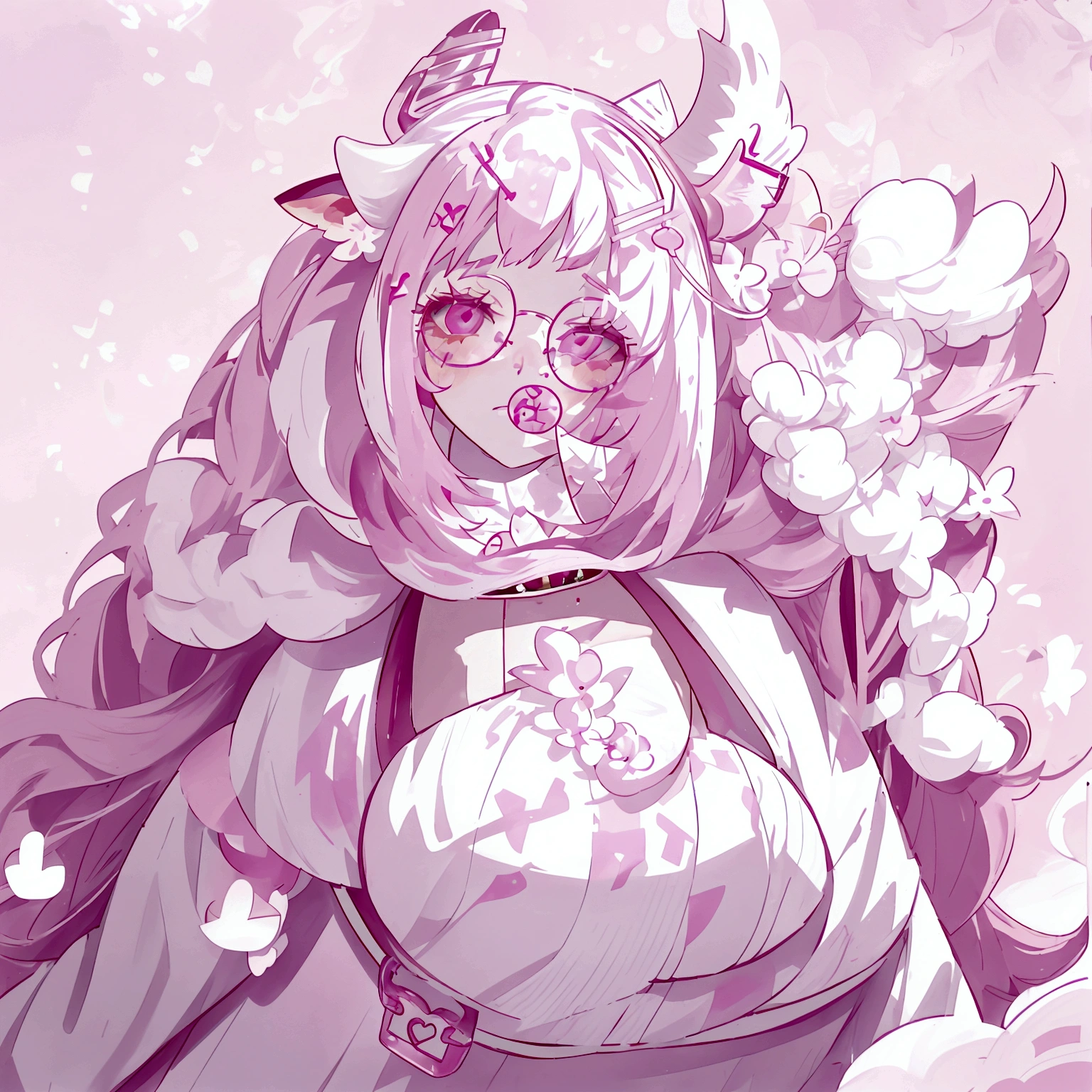 "IMVU, pink hair, pink heart eyes, white round glasses, pale skin, white and pink cow ears, white horns with pink bows, fuzzy white jacket with pink spots, pink cowbell choker, kawaii, soft, high quality, masterpiece, 8k, large breasts, showing cleavage