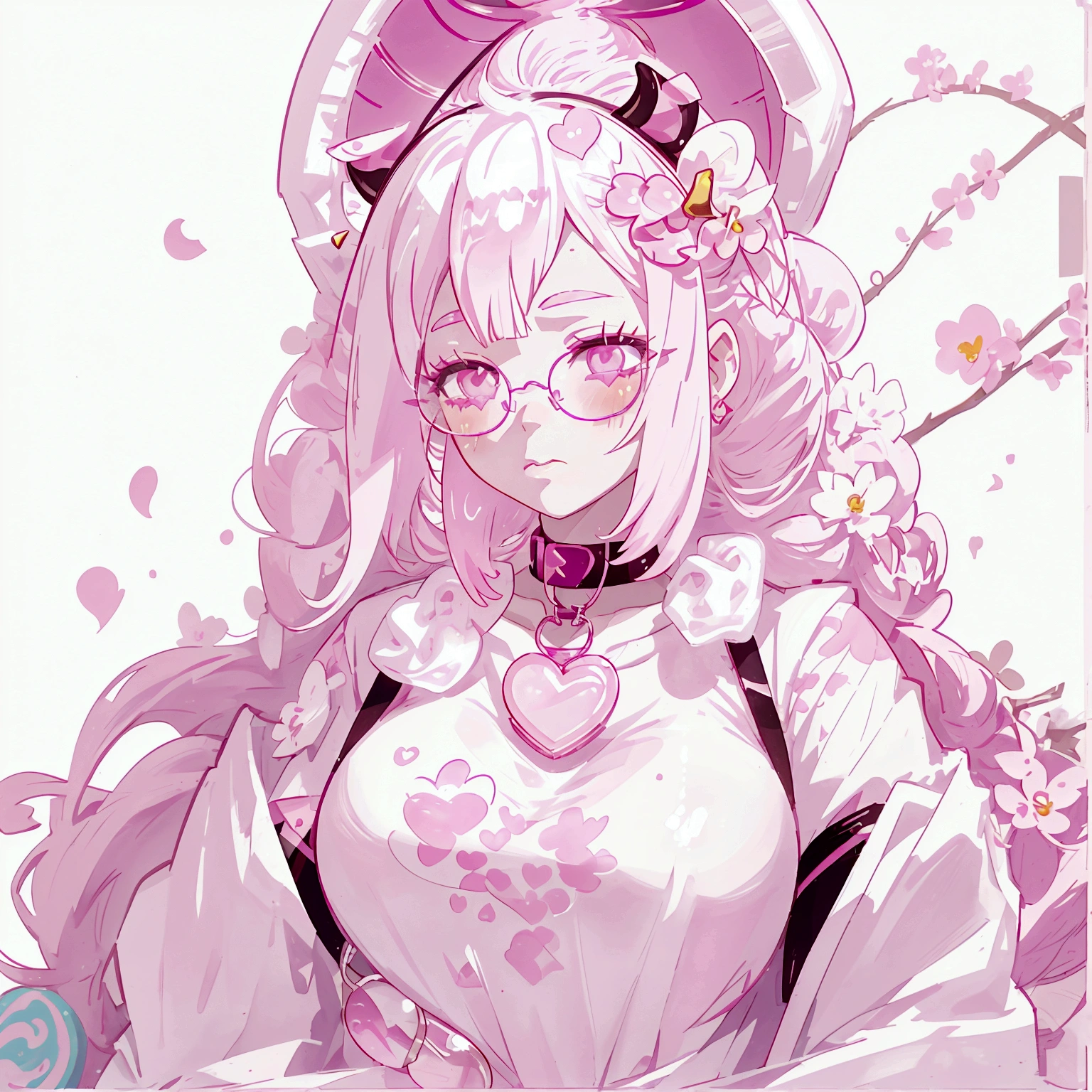 "IMVU, pink hair, pink heart eyes, white round glasses, pale skin, white and pink cow ears, white horns with pink bows, fuzzy white jacket with pink spots, pink cowbell choker, kawaii, soft, high quality, masterpiece, 8k, large breasts, showing cleavage