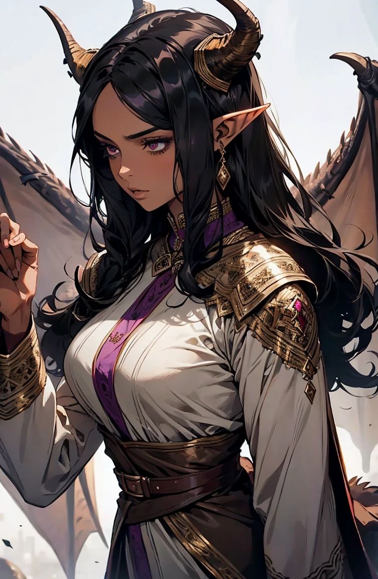 brown skin, older woman, sexy, tall, brown skin, girl with dragon wing, black hair, elf, elf ears, horns, dark clothing, purple clothing