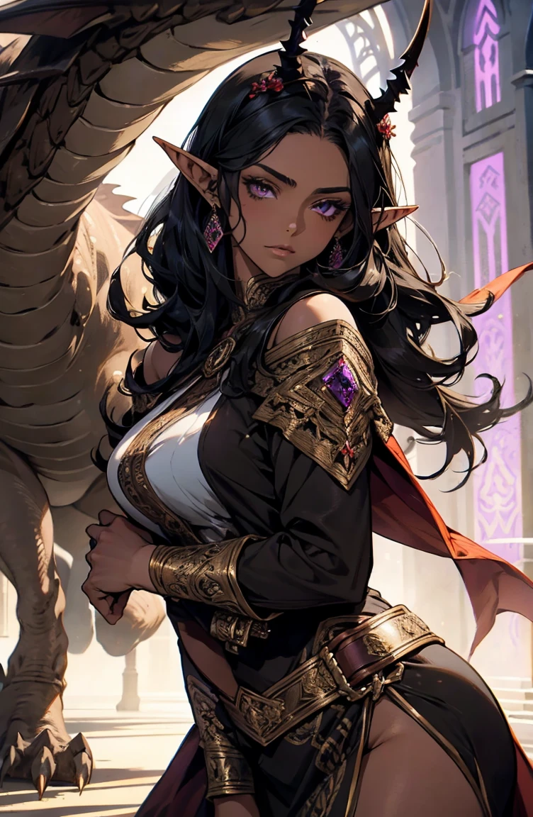 brown skin, older woman, sexy, tall, brown skin, girl with dragon wing, black hair, elf, elf ears, horns, dark clothing, purple clothing