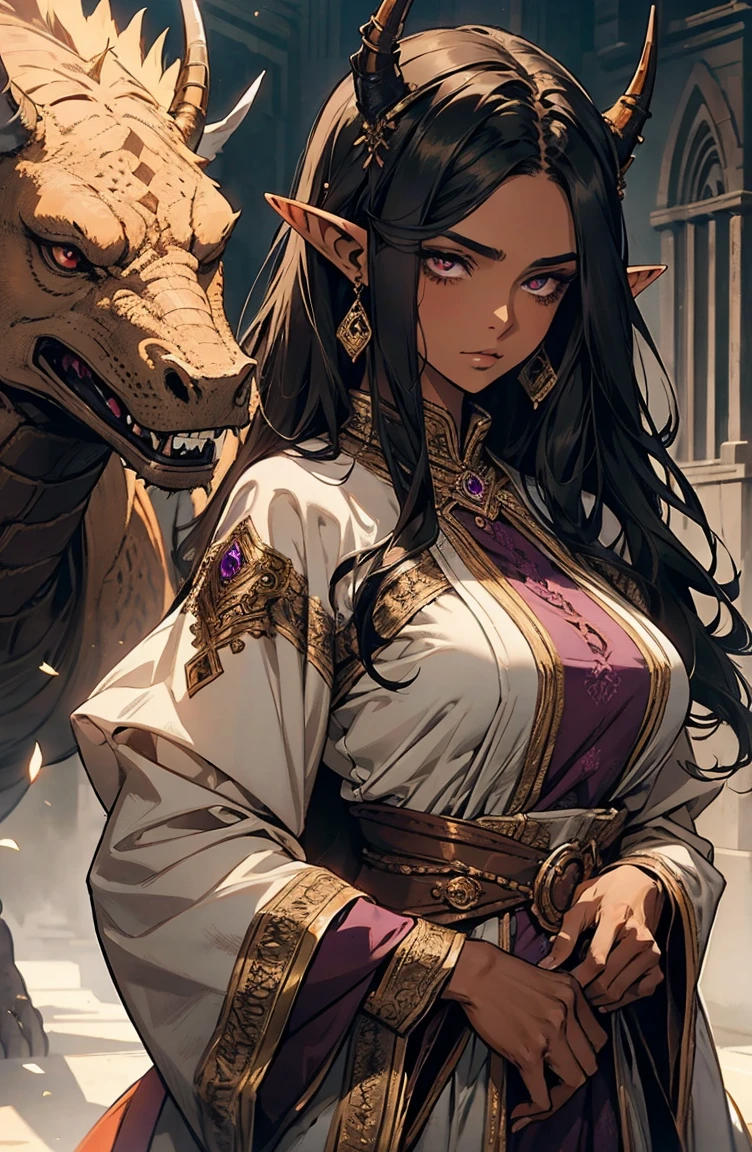 brown skin, older woman, sexy, tall, brown skin, girl with dragon wing, black hair, elf, elf ears, horns, dark clothing, purple clothing