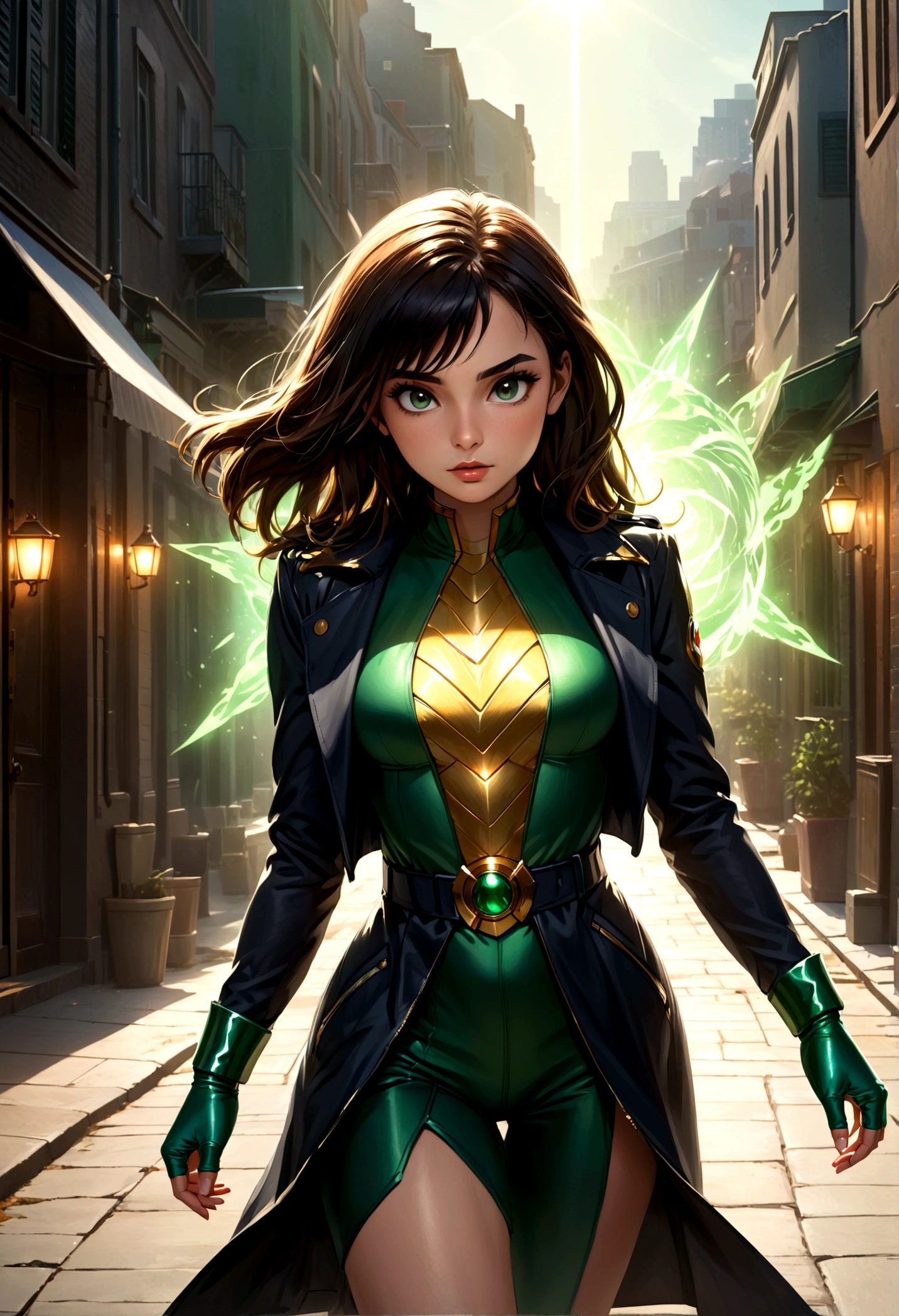 1girl,green power ranger,black trench coat,walking incognito,detailed costume,highly detailed,photorealistic,dynamic pose,dramatic lighting,cinematic composition,(best quality,8k,highres,masterpiece:1.2),ultra-detailed,(realistic,photorealistic,photo-realistic:1.37),dramatic lighting,cinematic composition,moody atmosphere,powerful energy
