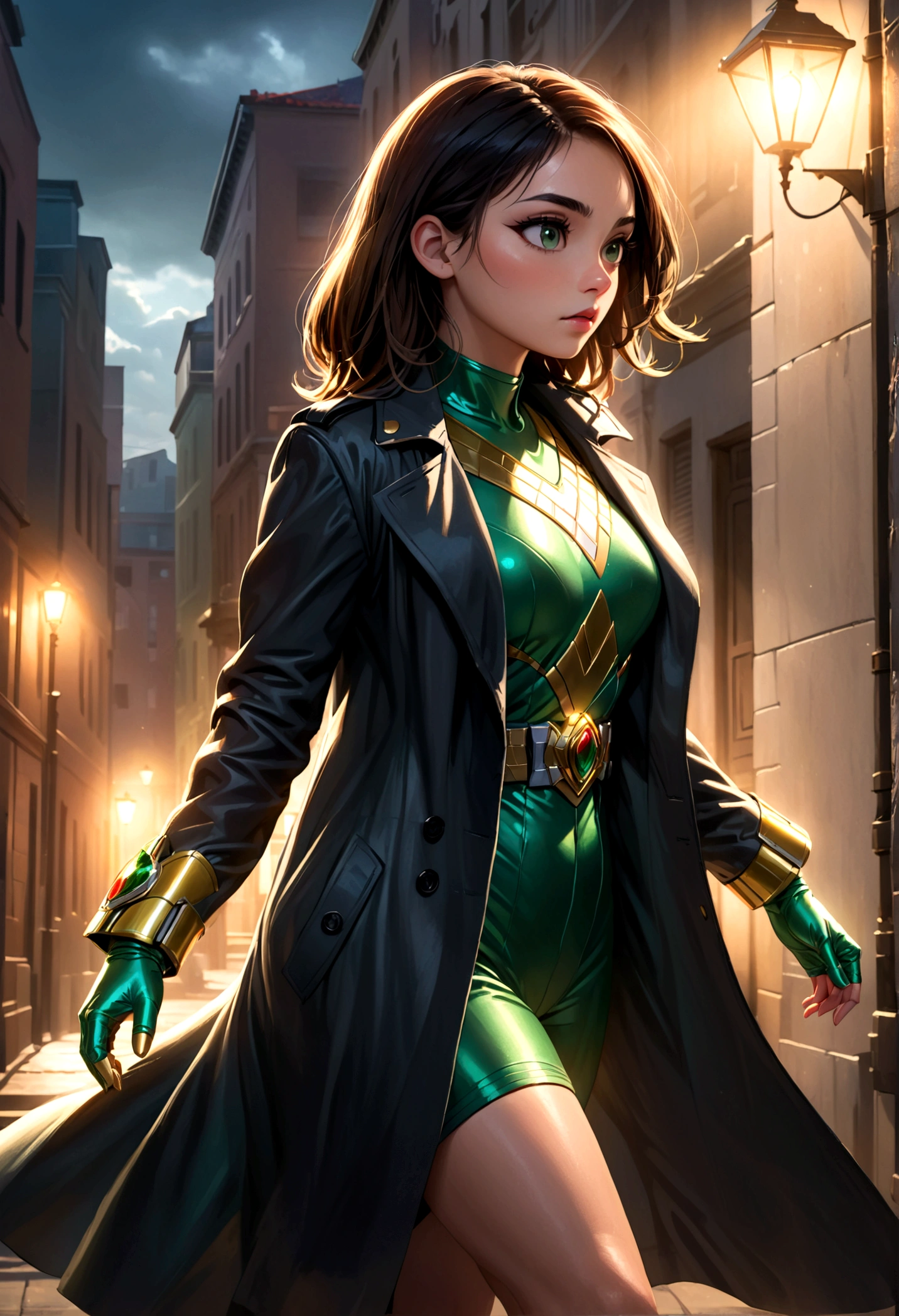 1girl,green power ranger,black trench coat,walking incognito,detailed costume,highly detailed,photorealistic,dynamic pose,dramatic lighting,cinematic composition,(best quality,8k,highres,masterpiece:1.2),ultra-detailed,(realistic,photorealistic,photo-realistic:1.37),dramatic lighting,cinematic composition,moody atmosphere,powerful energy
