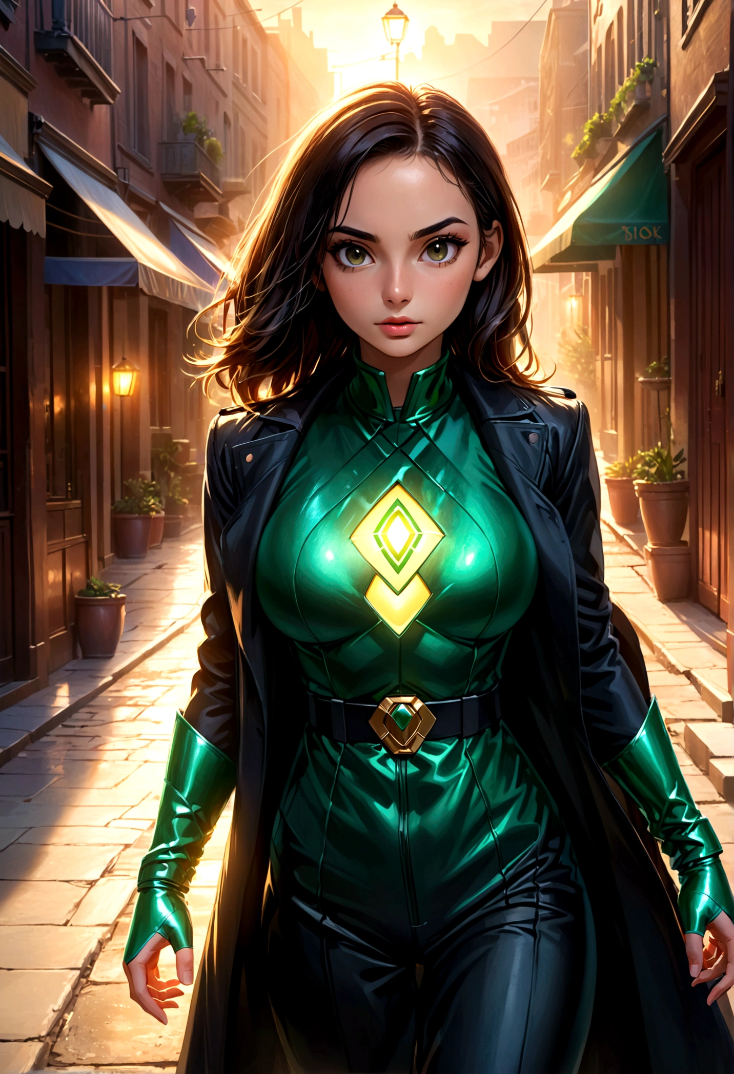 1girl,green power ranger,black trench coat,walking incognito,detailed costume,highly detailed,photorealistic,dynamic pose,dramatic lighting,cinematic composition,(best quality,8k,highres,masterpiece:1.2),ultra-detailed,(realistic,photorealistic,photo-realistic:1.37),dramatic lighting,cinematic composition,moody atmosphere,powerful energy
