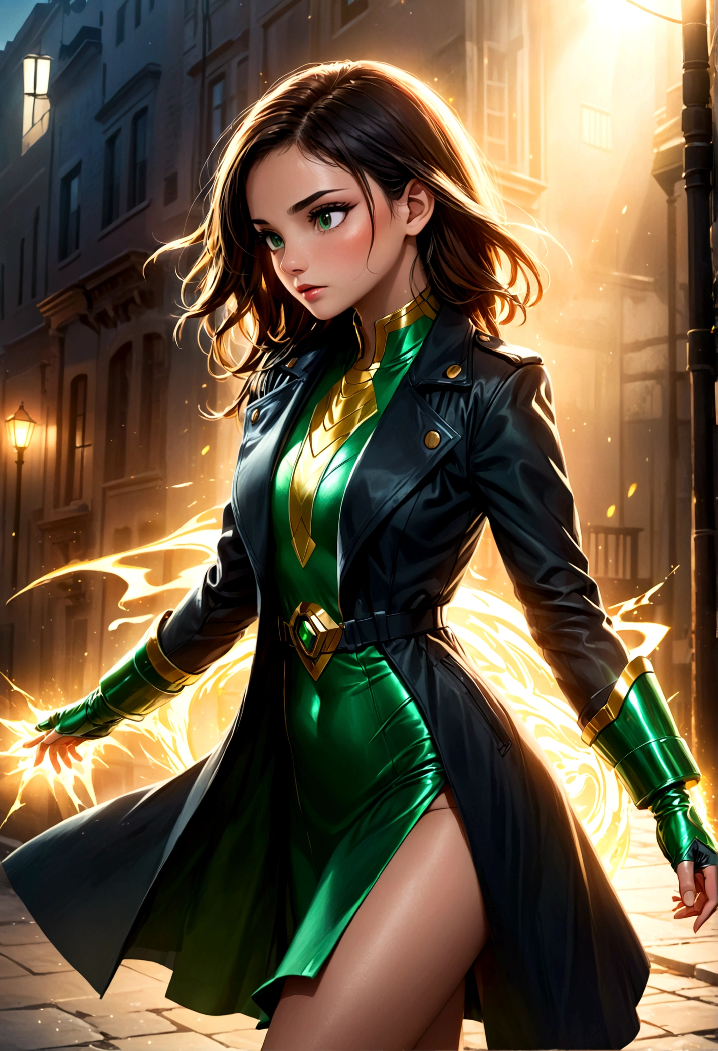 1girl,green power ranger,black trench coat,walking incognito,detailed costume,highly detailed,photorealistic,dynamic pose,dramatic lighting,cinematic composition,(best quality,8k,highres,masterpiece:1.2),ultra-detailed,(realistic,photorealistic,photo-realistic:1.37),dramatic lighting,cinematic composition,moody atmosphere,powerful energy
