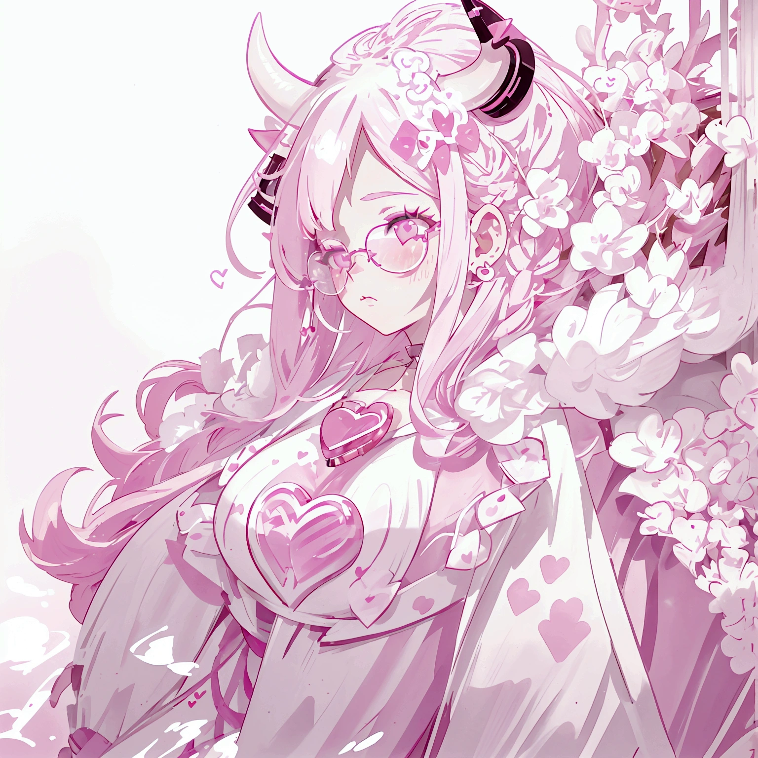 "IMVU, pink hair, pink heart eyes, white round glasses, pale skin, white and pink cow ears, white horns with pink bows, fuzzy white jacket with pink spots, pink cowbell choker, kawaii, soft, high quality, masterpiece, 8k, large breasts, showing cleavage