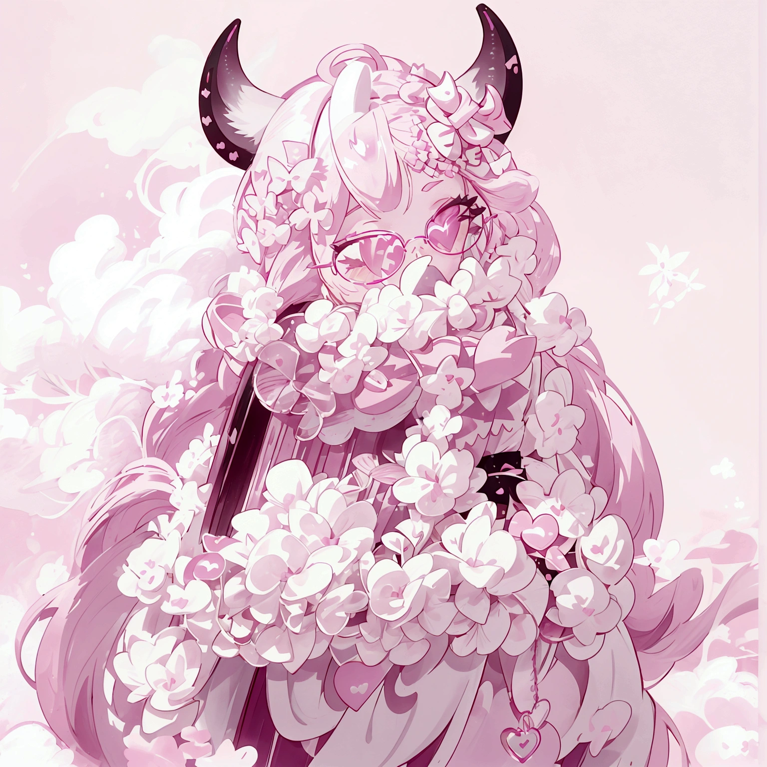 "IMVU, pink hair, pink heart eyes, white round glasses, pale skin, white and pink cow ears, white horns with pink bows, fuzzy white jacket with pink spots, pink cowbell choker, kawaii, soft, high quality, masterpiece, 8k, large breasts, showing cleavage