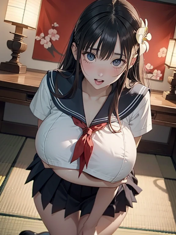 (8k, RAW photo, best quality, masterpiece, soft cinematic lighting, soft color:1.4),(POV,from above:1.3),(from below,ceiling:-0.0),( looking at camera:1.5),(beautiful eyes focus,Close-up beautiful eyes:1.5), (realistic:1.2), (dark old japanese room,yukaku,flower picture background:1.6), (solo, mature woman,19years old,super beautiful face,super detaild beautiful eyes :1.5), (sailor uniform,low-cut miniskirt:1.3),(show off nipple:0.5), (embarrassed,red Cheeks:1.25),long hair, {{slicked back hair}}, white blonde color hair, clean skin, (smaller butt:0.5),(coverd nipple:0.8),(sagging huge long wide heavy breasts,puffy areola:1.5),(under boob:1.7), (thick, curvy:1.3),(very skinny:1.5),(temptation pose:1.7),(open mouth:1.1),(kneeling:-0.0),