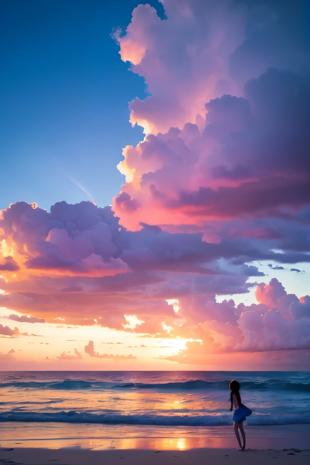 Beautiful beaches、Fantastic World、Vibrant colors、Inspiring landscapes、Crystal clear water、Girl playing in the distance、Overwhelming clouds