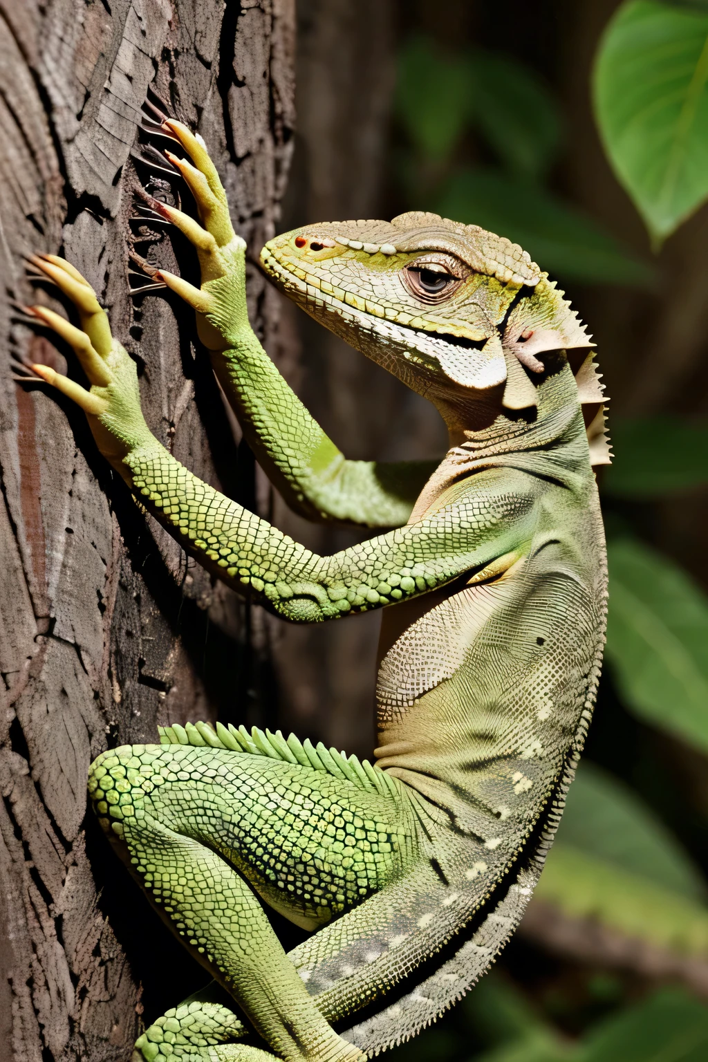 Hansika Motwani is a real lizard, the neck is of a girl, but the whole body is of a lizard. She was stuck to the wall like a lizard. Lizard's tongue was coming out of her mouth, as if she wants to eat a mosquito. Her hands and legs are like the lizard's legs. The lizard also has a long tail. She has ears like a lizard. She sit on big tree leaf.