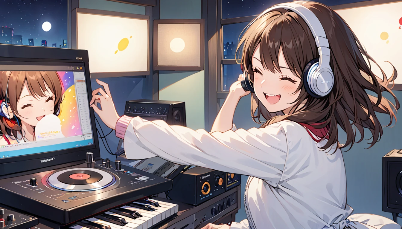 Girl wearing headphones,Getting in the rhythm,Brown Hair,One girl,Winking,Late night studio