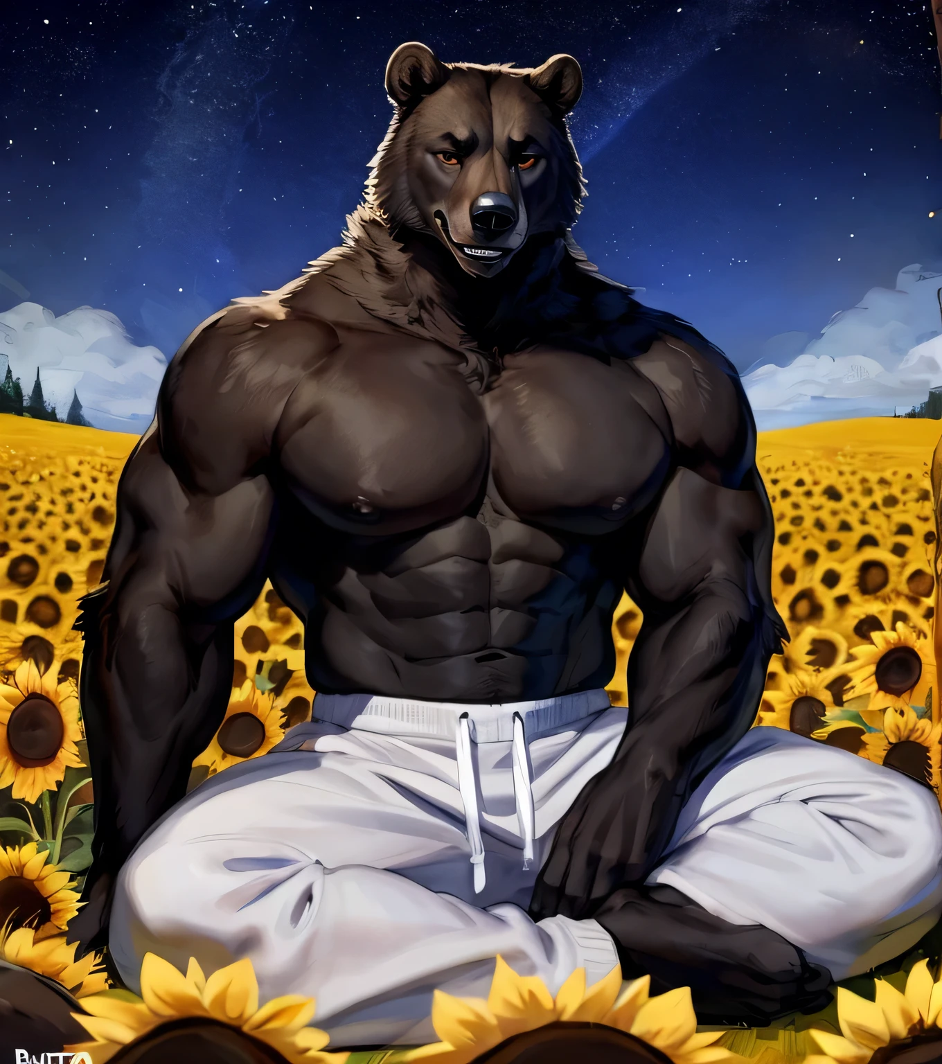 (solo, furry, anthro, hyper realistic), male, sitting, brown eyes, wide-eyed, head up, smiling, front view, hyper muscular body, big pecs, big abs, big arms, black body, black bear, topless, wearing white sweatpants, barefoot, forest, sunflower field, night time, starry night, by bebebebebe:1.2, by buta99, by foxovh, by ruan jia