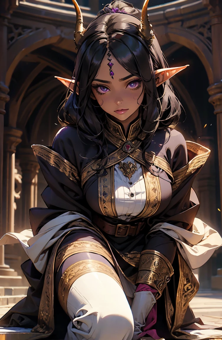 brown skin, older woman, sexy, tall, brown skin, girl with wing, black hair, elf, elf ears, horns, dark clothing, purple clothing