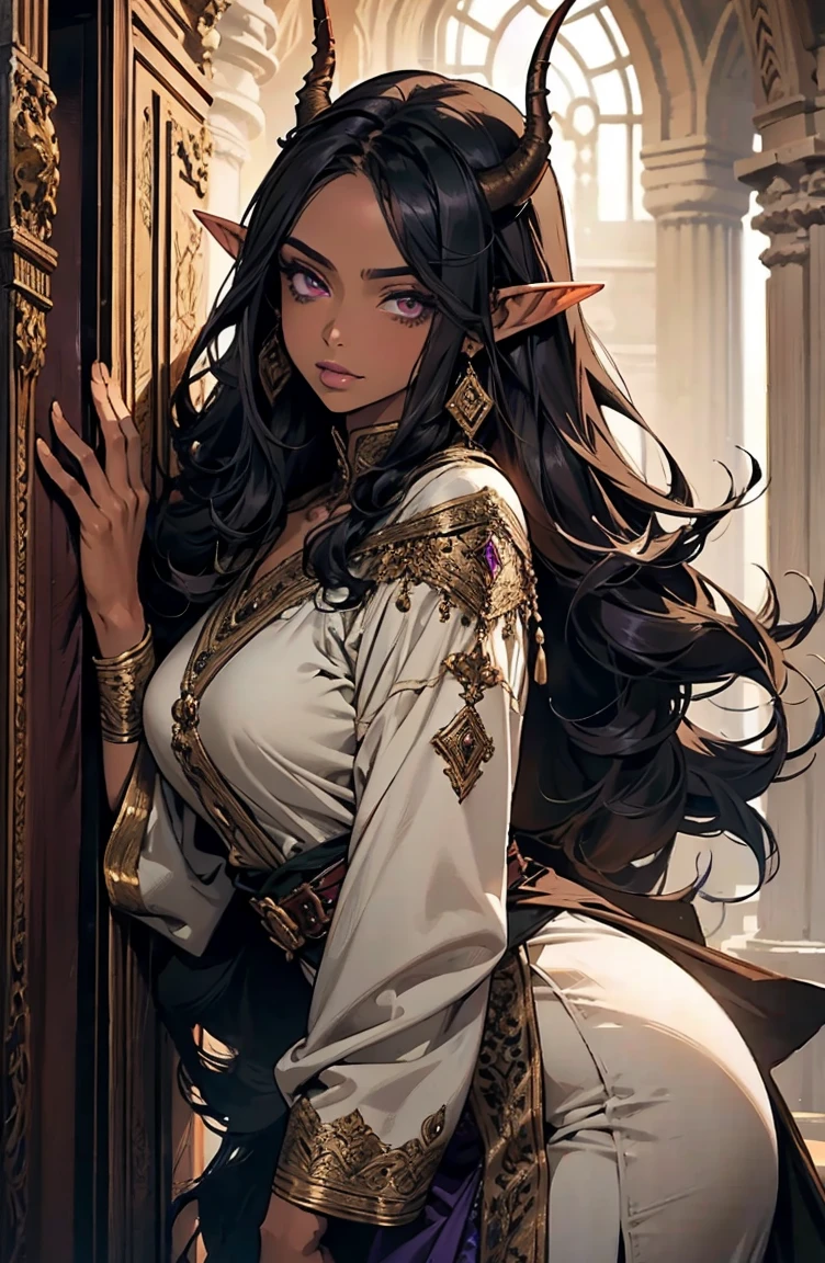 brown skin, older woman, sexy, tall, brown skin, girl with wing, black hair, elf, elf ears, horns, dark clothing, purple clothing