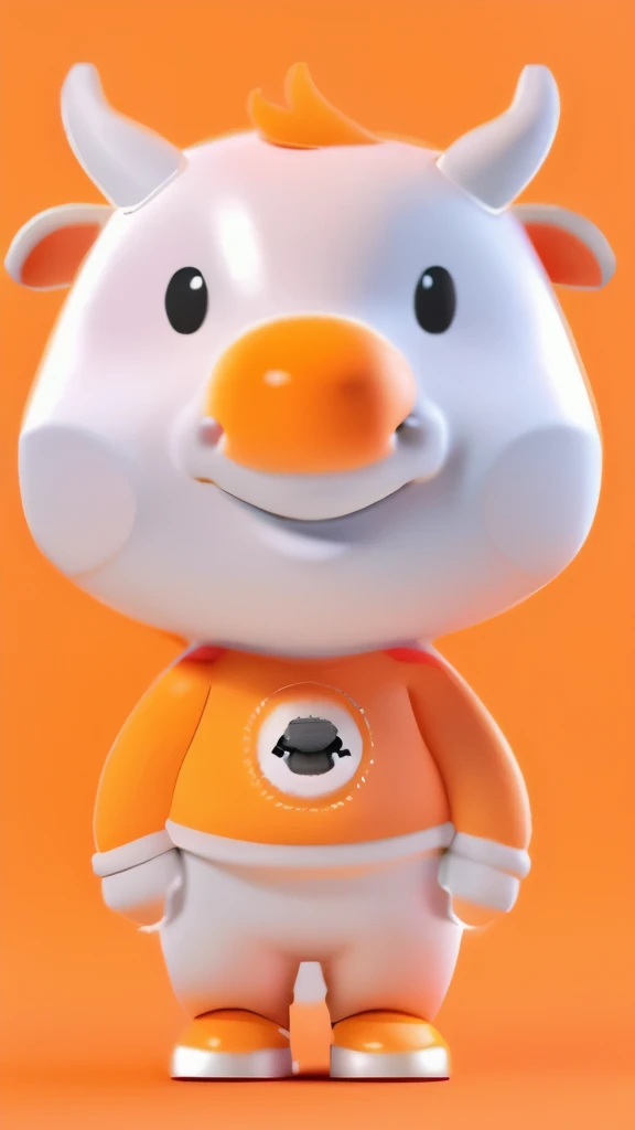 Cute cartoon cow with round blush on both cheeks, orange gloves and shoes on hands and feet, full body, 3D model, 3D rendering, solid color background, 3D rendering