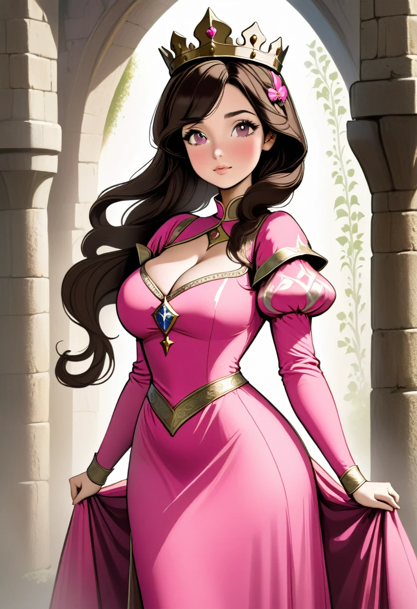 princess in pink medieval dress, curvy hips large breasts, brunette, gentle expression
