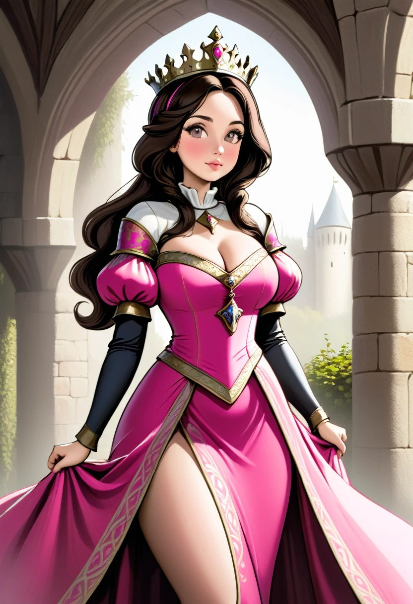 princess in pink medieval dress, curvy hips large breasts, brunette, gentle expression