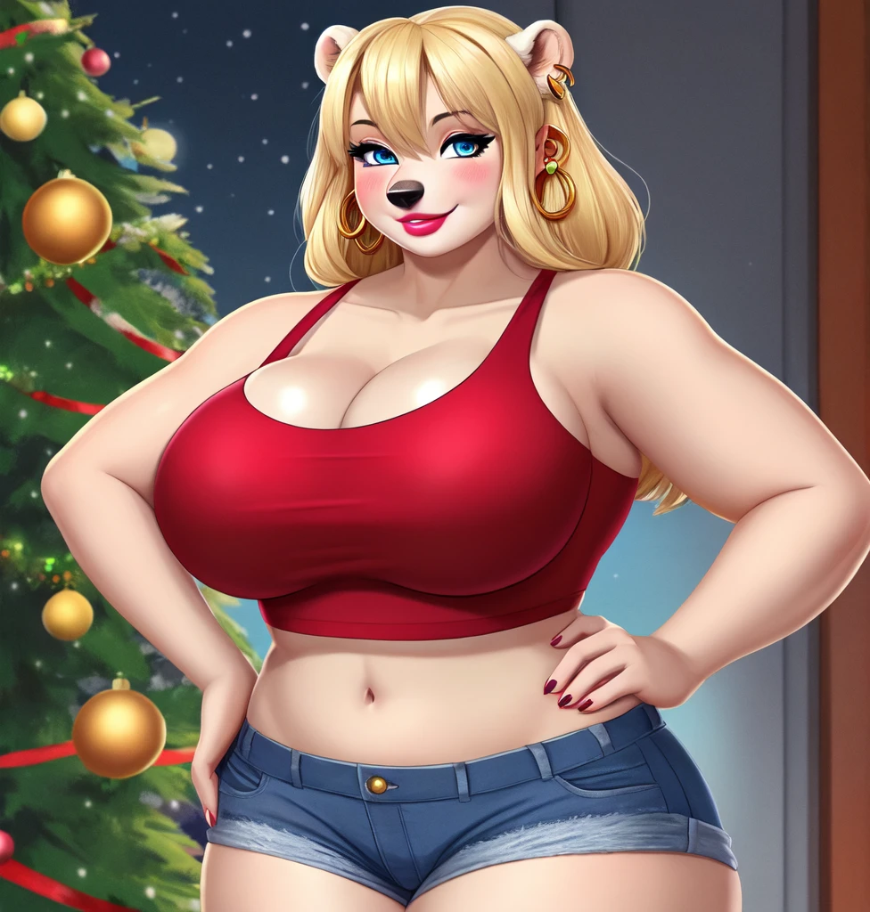 Blonde polar bear woman, wearing a Christmas crop top and jean shorts, perfect face, blue eyes, big breasts, cleavage, three-quarter view, solo, smile, perfect detailed body, pink lipstick, gold earring, hand on hips, blushing