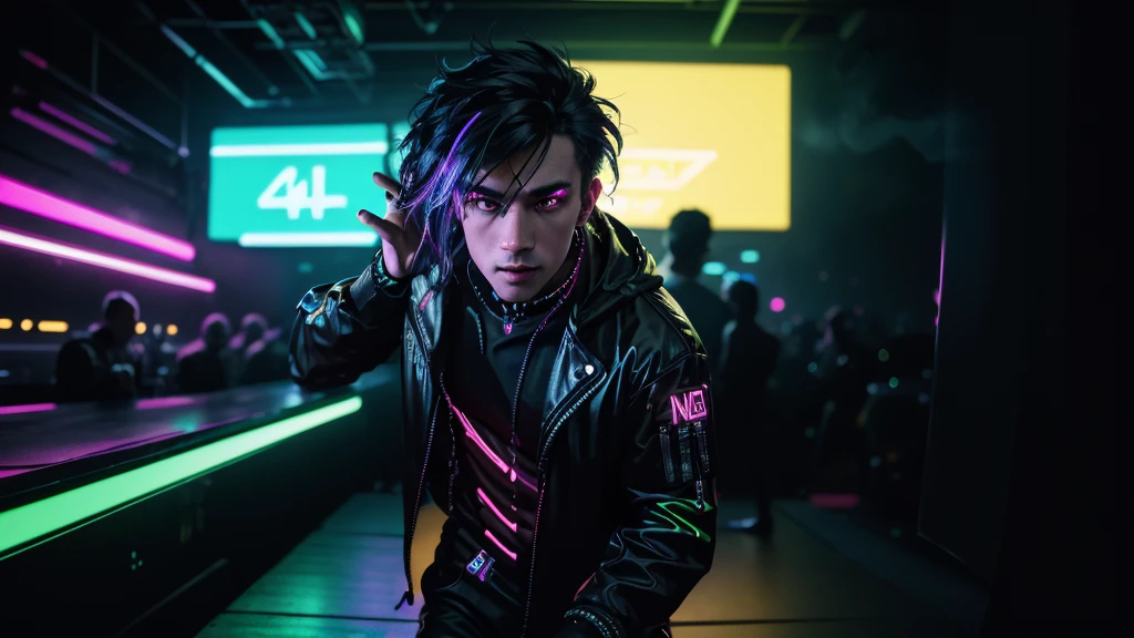 long shot, man dancing on the stage of lights, cyberpunk, neon lights, 4k, realism, high definition, lots of neon colors smoke, High resolution, Vibrant, High contrast, HDR, extremely detailed, ultra sharp, sharp focus, realism, high detail, hyper realistic, the photo realistic, (iridescent glow smoke), UHD, 32K, very bold neon colors, black light