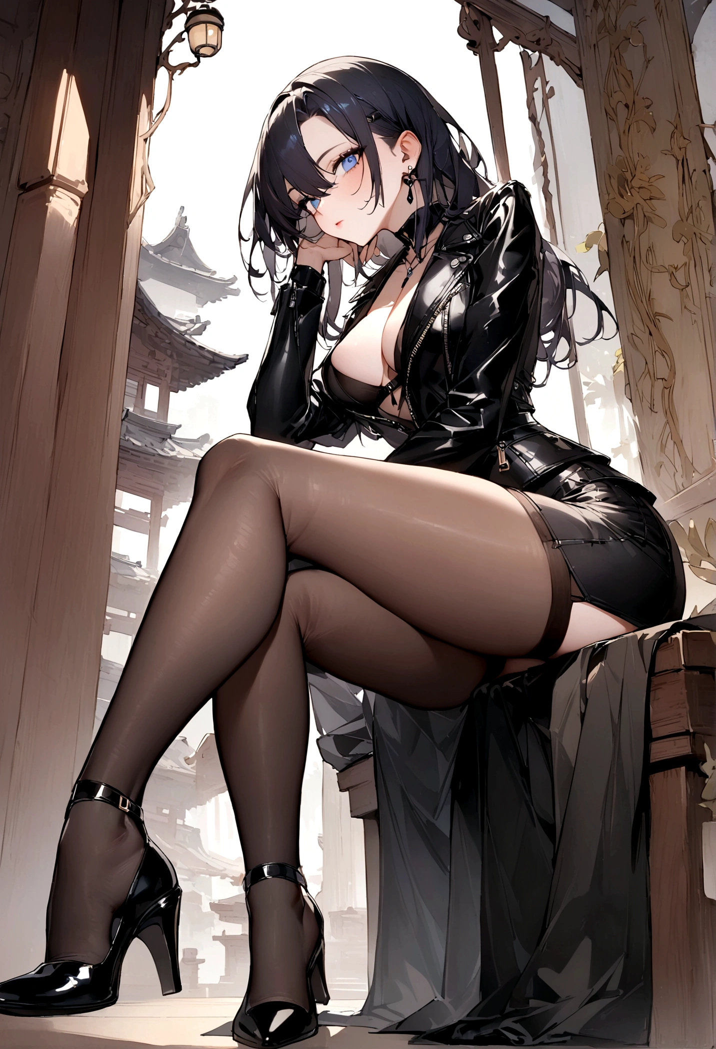 masterpiece, 最好of质量, 聪明of, 强of, of, 有着长长of卷曲金发of美丽女人, blue eyes, Black mini skirt, High heel, leather jacket
