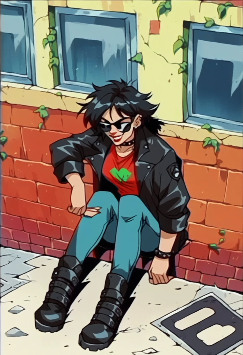 beautyfull woman, joan jett based, black punk spiked messy hair, sunglasses, black jacket, black collant, naugty smile, red lipstick, black boots