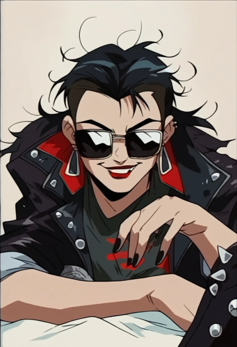 beautyfull woman, joan jett based, black punk spiked messy hair, sunglasses, black jacket, black collant, naugty smile, red lipstick, black boots