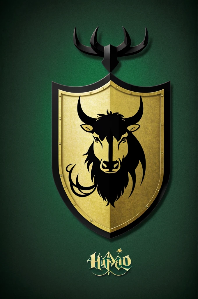Create a shield in the style of the Hogwarts houses, an ox with the colors green and black 
