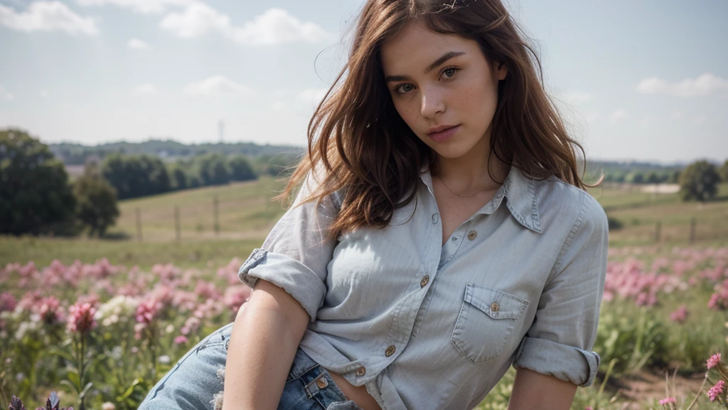 a seductive woman with loose styled redhead hair, posing in a field of flowers, wearing a button-up pink flannel shirt and denim shorts, intricate details, goosebumps, flawless face, shy, prude, (freckles:0.9), ((photorealistic):1.2), raw