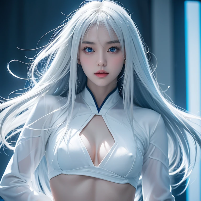 Korean girl, white long hair with bangs, icy blue eyes, white skin, white skimpy ninja suit,