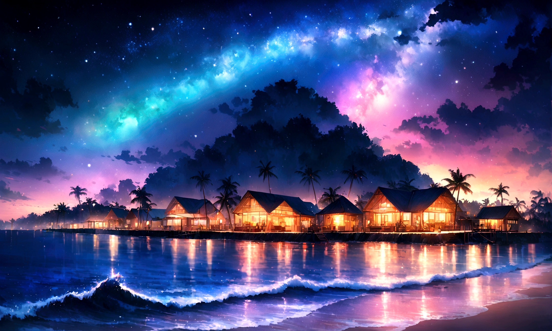 Southern Island, Starry Night, coastal, Palm tree,milky way,Blur the background,Pleasant sea breeze,Glitter effect,Highest quality, 8K, High resolution, masterpiece:1.2, Very detailed, Realistic:1.37, High resolution, 超High resolution, Ultra-fine painting, Very detailed, Professional, Vibrant colors