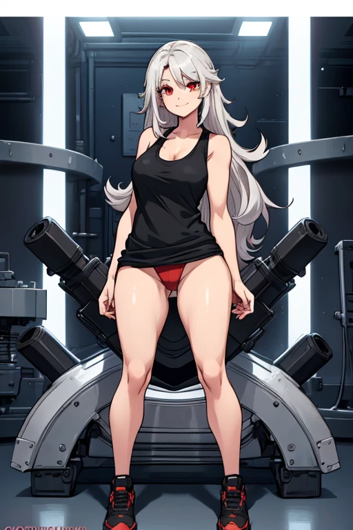 female, silver long hair, red eyes, (((1girl))), (((black tank top))), (red panties), cute and sexy, full body, large breasts, large butt, long legs, smiling