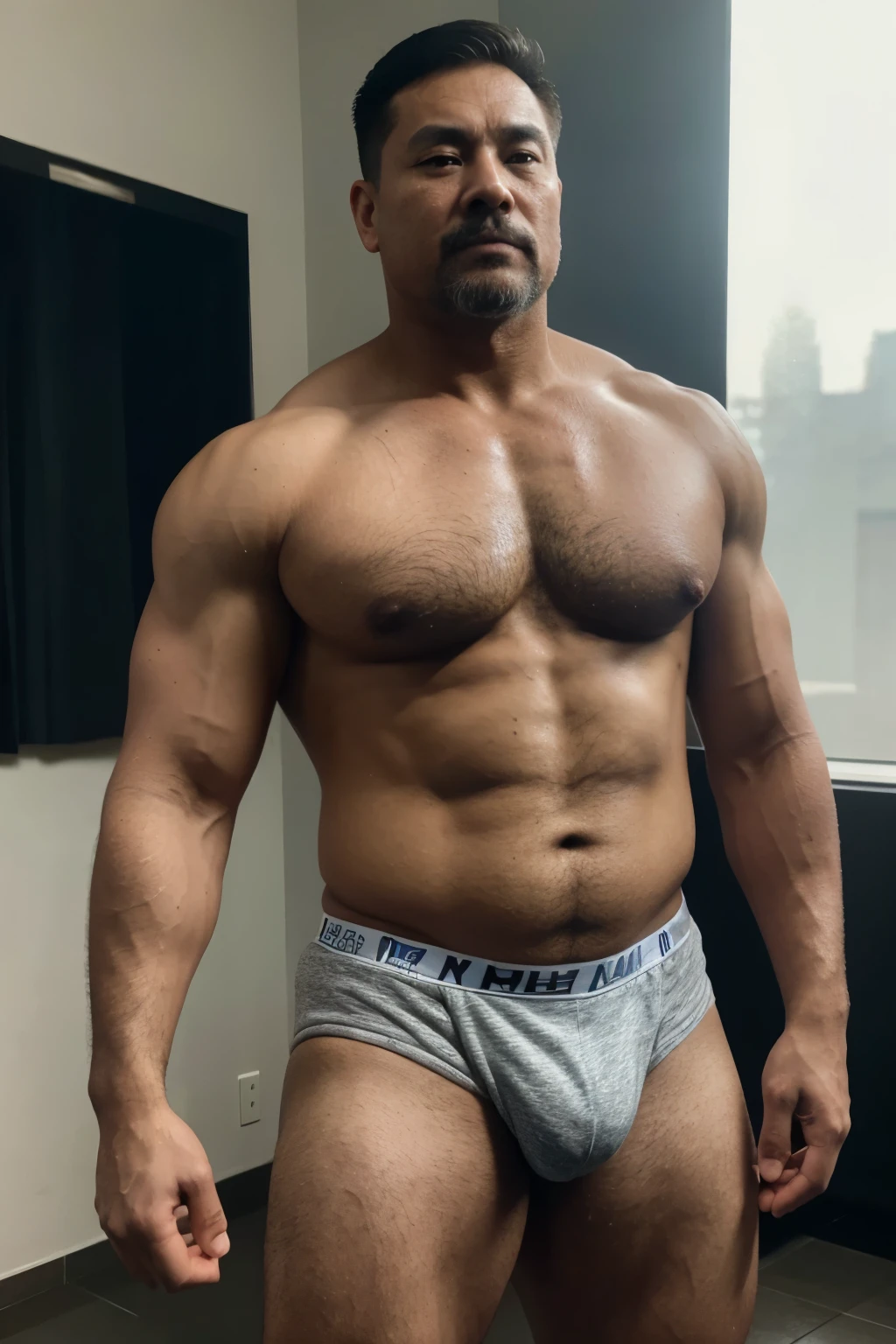 A wild plump chinese uncle man, (55 years old daddy:1.1), 1boy, Solo, handsome, nerdy, stubbles, small eyes,  detailed eyes:1.1, big round face shape, (Detailed face:1.3), short hair, (Best quality, A high resolution, Photorealistic), Masterpiece, in the gym, RAW photo, Intricate details, hdr, depth of field, full body shot, macho, sweat, manliness, short trunk, bear style, masculine,  exertion, height: 170cm, erection, bulge, shirtless, tough man, real man, beefcake, muscular, jacked, hunk