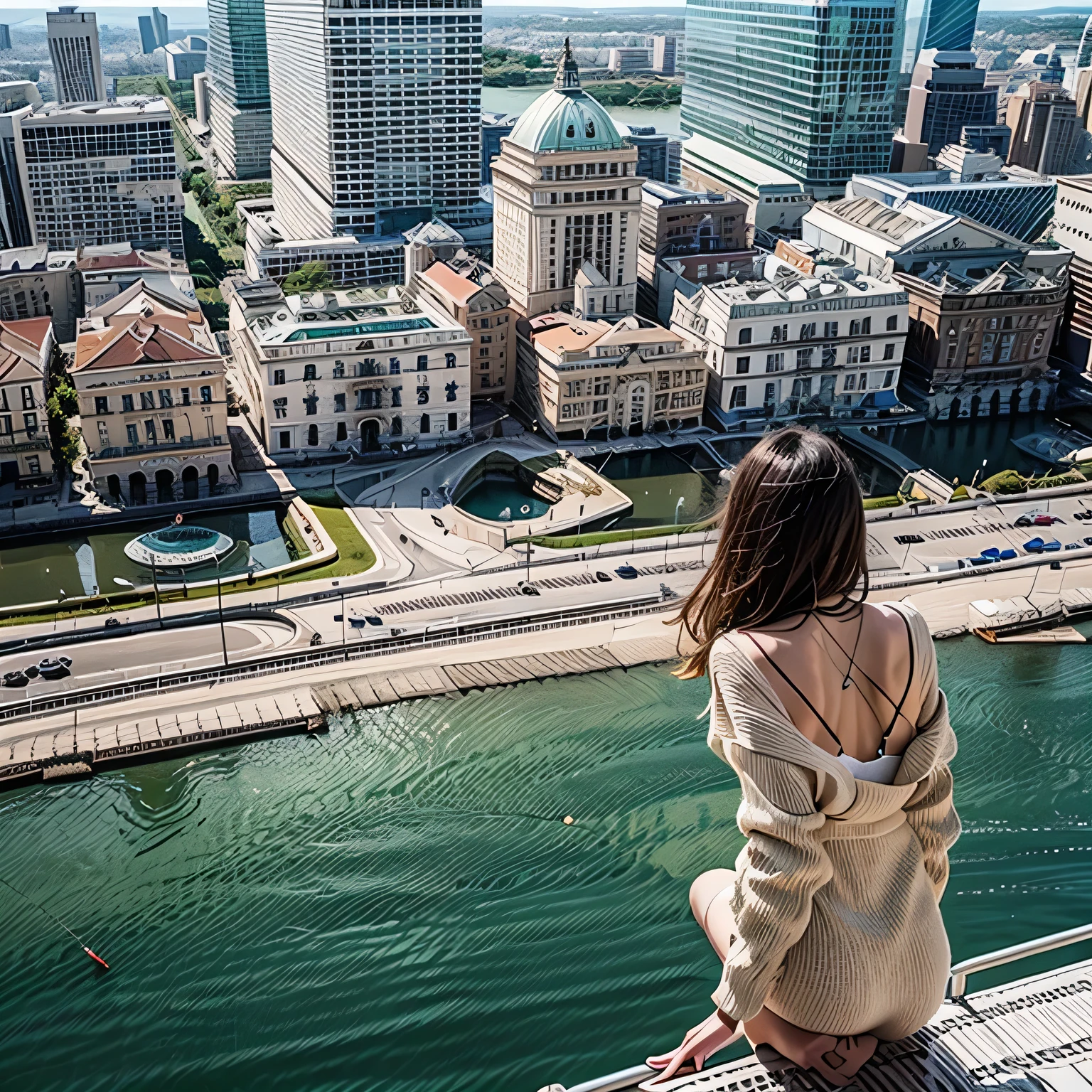 best quality, ultra-detailed, buildings, (1girl, river:1.2)