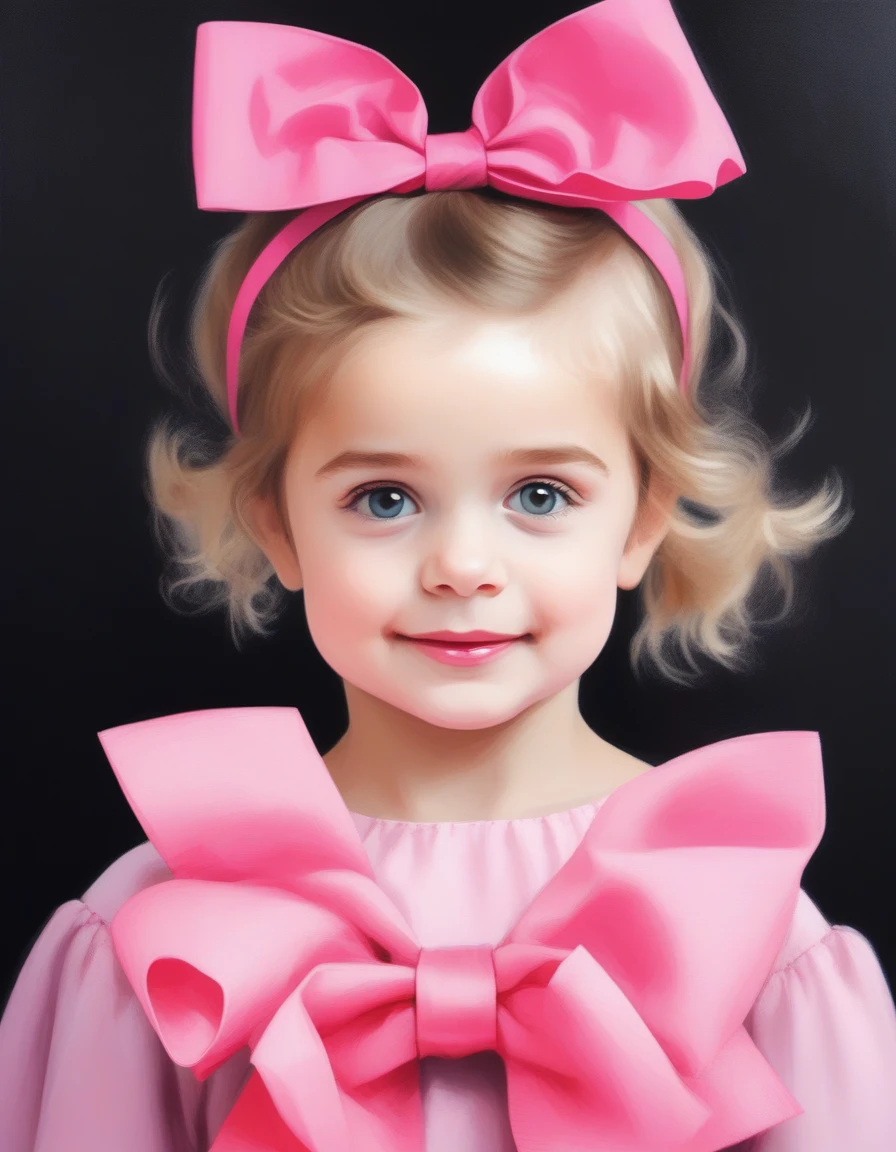 4 year old  with a bright pink bow on her head, with black background