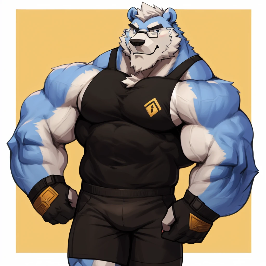 solo, 1boy, Huge Muscular White Polar Bear wearing glasses, huge white fur, pectoral, huge pectoral, wide pectoral, short white hair, blue colored short pants, blue colored wristbands and blue colored tank top, white bearded, white Mustache, white fur, simple background, masterpiece, high detailed, 8k, high resolution, at the gym, poses like Hercules and Zeus